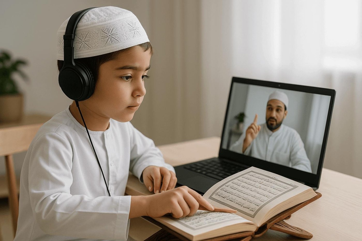 Boy in a live online Quran class