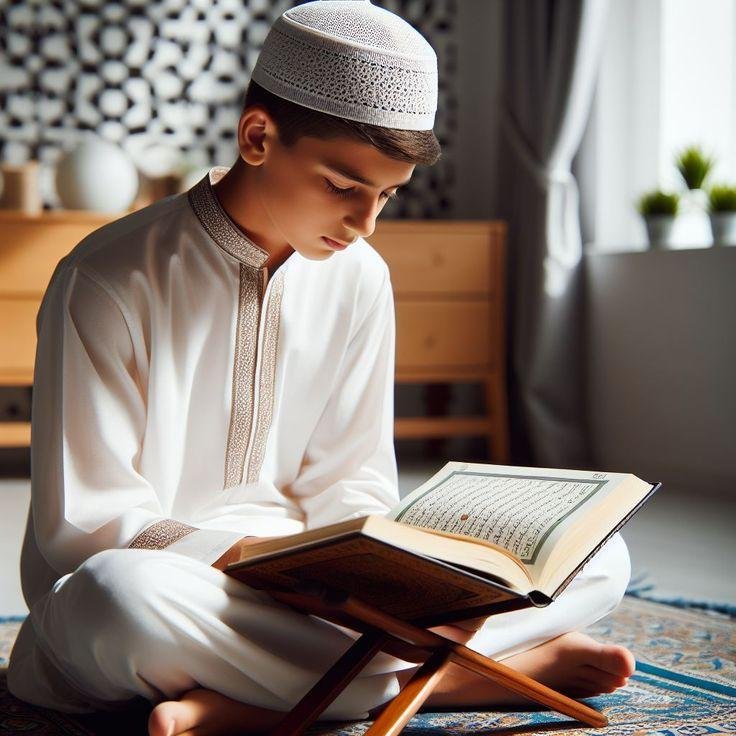 Young boy reading the Quran on a wooden rehal
